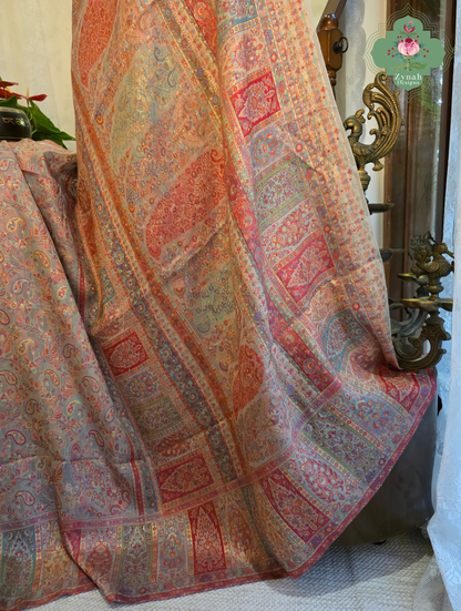 Naaz | Peachish Beige Kashmiri Pure Kani Silk Jamavar Weave Saree | Made To Order