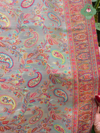Naaz | Peachish Beige Kashmiri Pure Kani Silk Jamavar Weave Saree | Made To Order