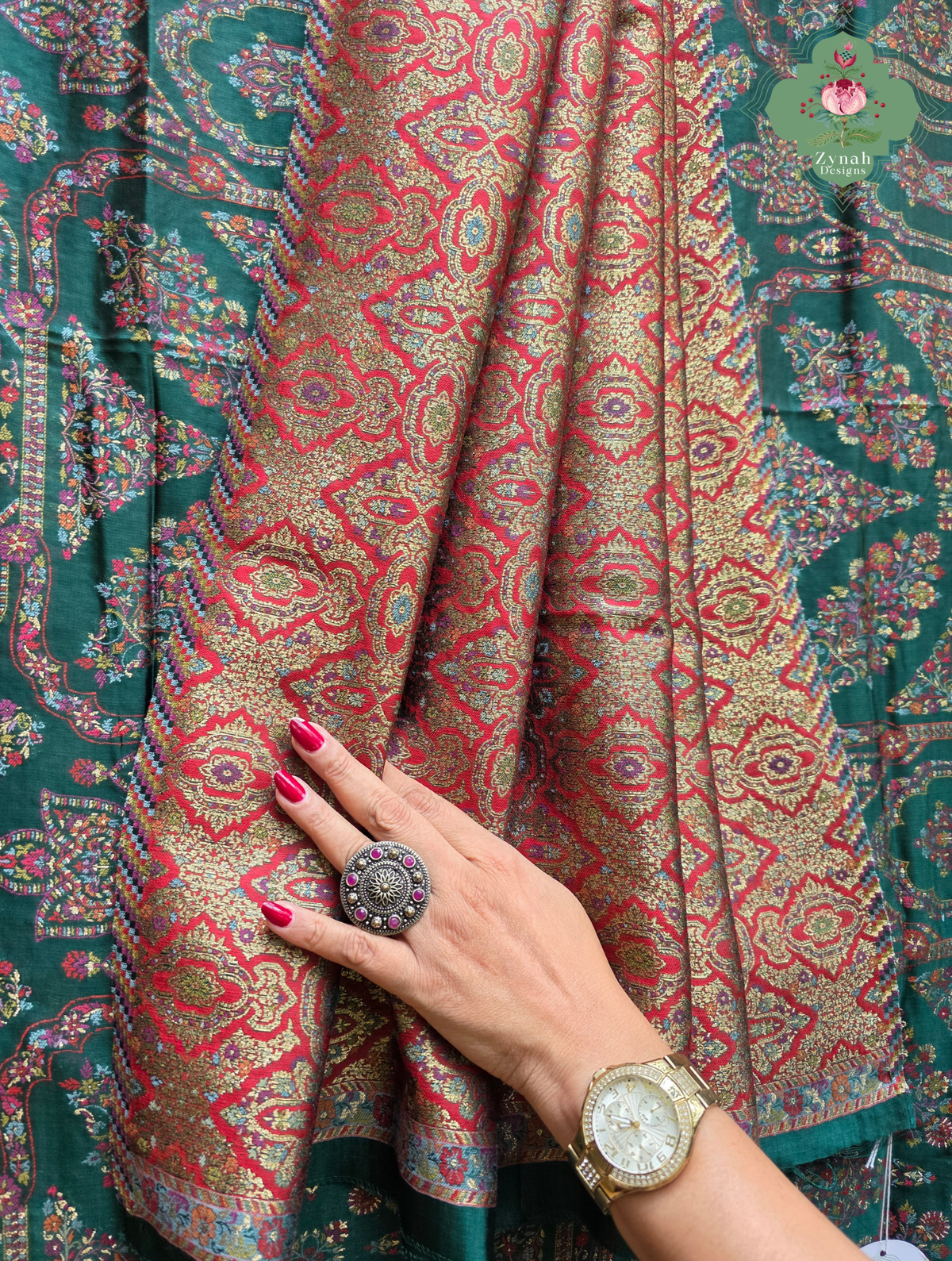Naira | Green Kashmiri Pure Kani Silk Jamavar Weave Saree | Made To Order