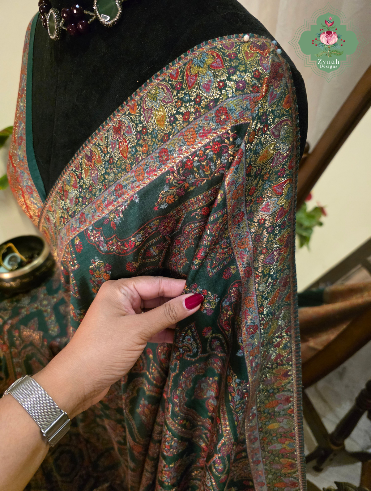 Naira | Green Kashmiri Pure Kani Silk Jamavar Weave Saree | Made To Order