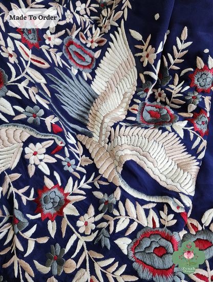 Navy Blue Crepe Silk Hand Embroidered Parsi Gara Saree 10