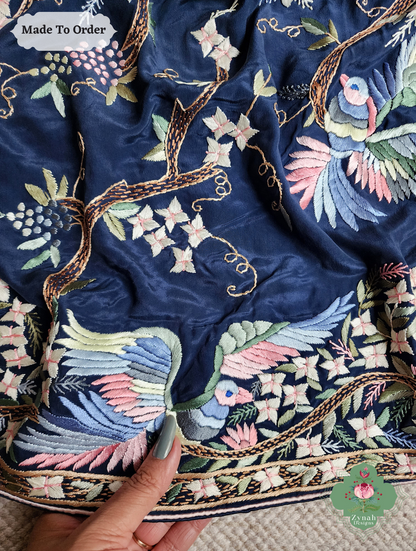 Zynah Made To Order Navy Blue Crepe Silk Hand Embroidered Authentic Parsi Gara Saree; Custom Stitched/Ready-made Blouse, Fall, Petticoat; SKU: 0905202503