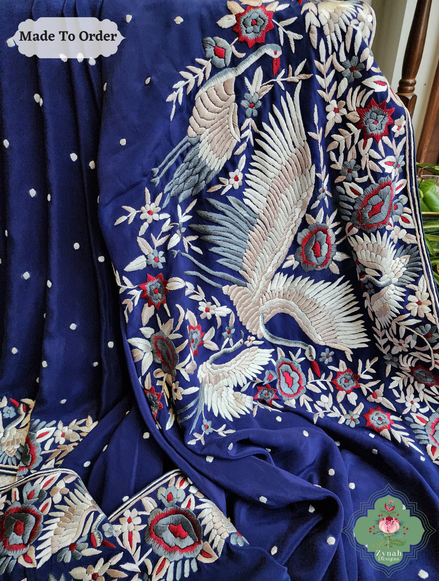 Navy Blue Crepe Silk Hand Embroidered Parsi Gara Saree 12