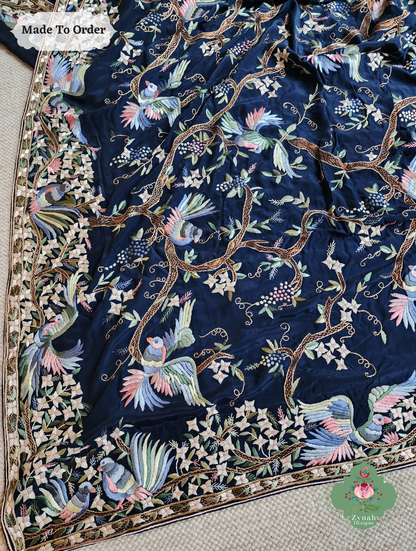 Zynah Made To Order Navy Blue Crepe Silk Hand Embroidered Authentic Parsi Gara Saree; Custom Stitched/Ready-made Blouse, Fall, Petticoat; SKU: 0905202503
