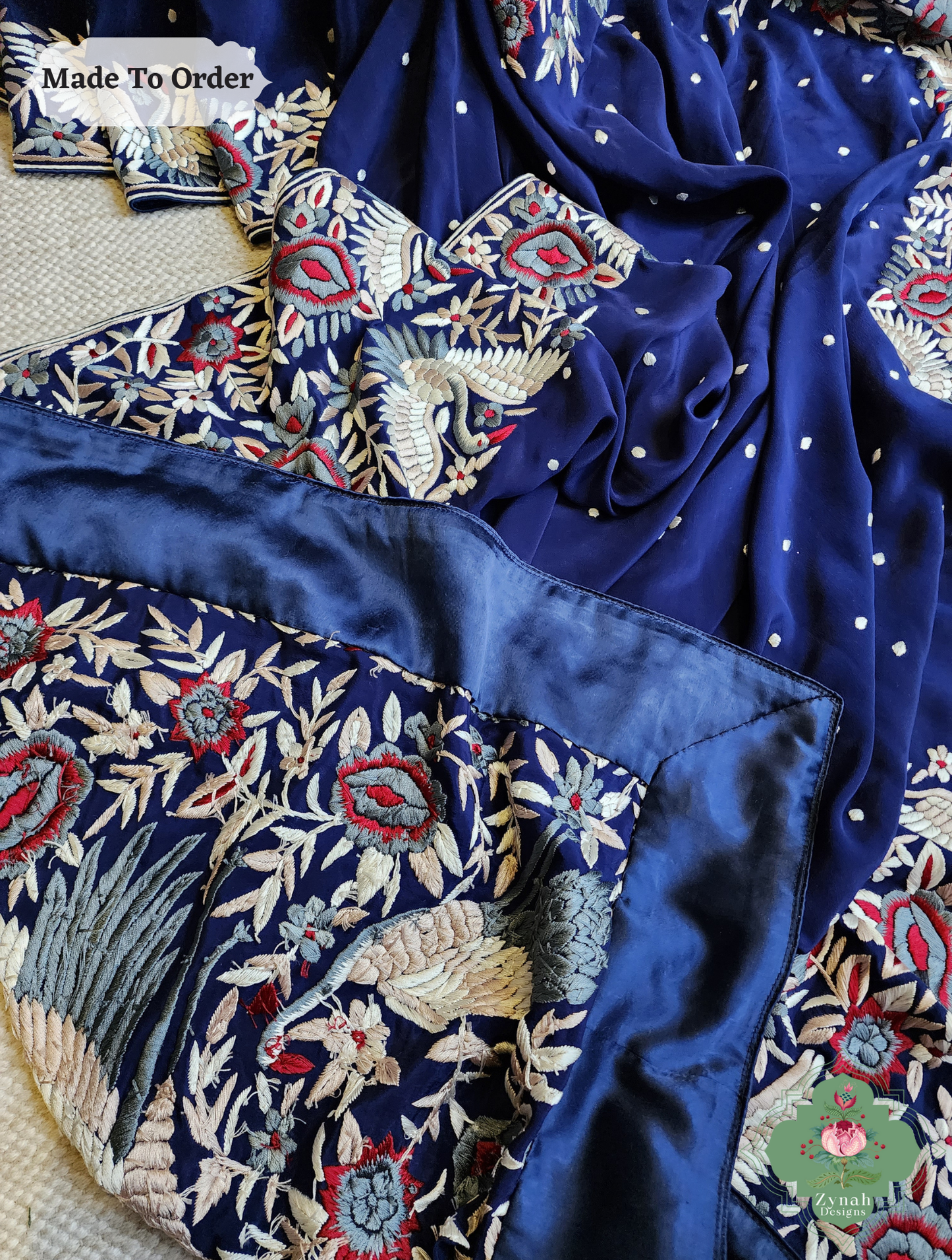 Navy Blue Crepe Silk Hand Embroidered Parsi Gara Saree 13
