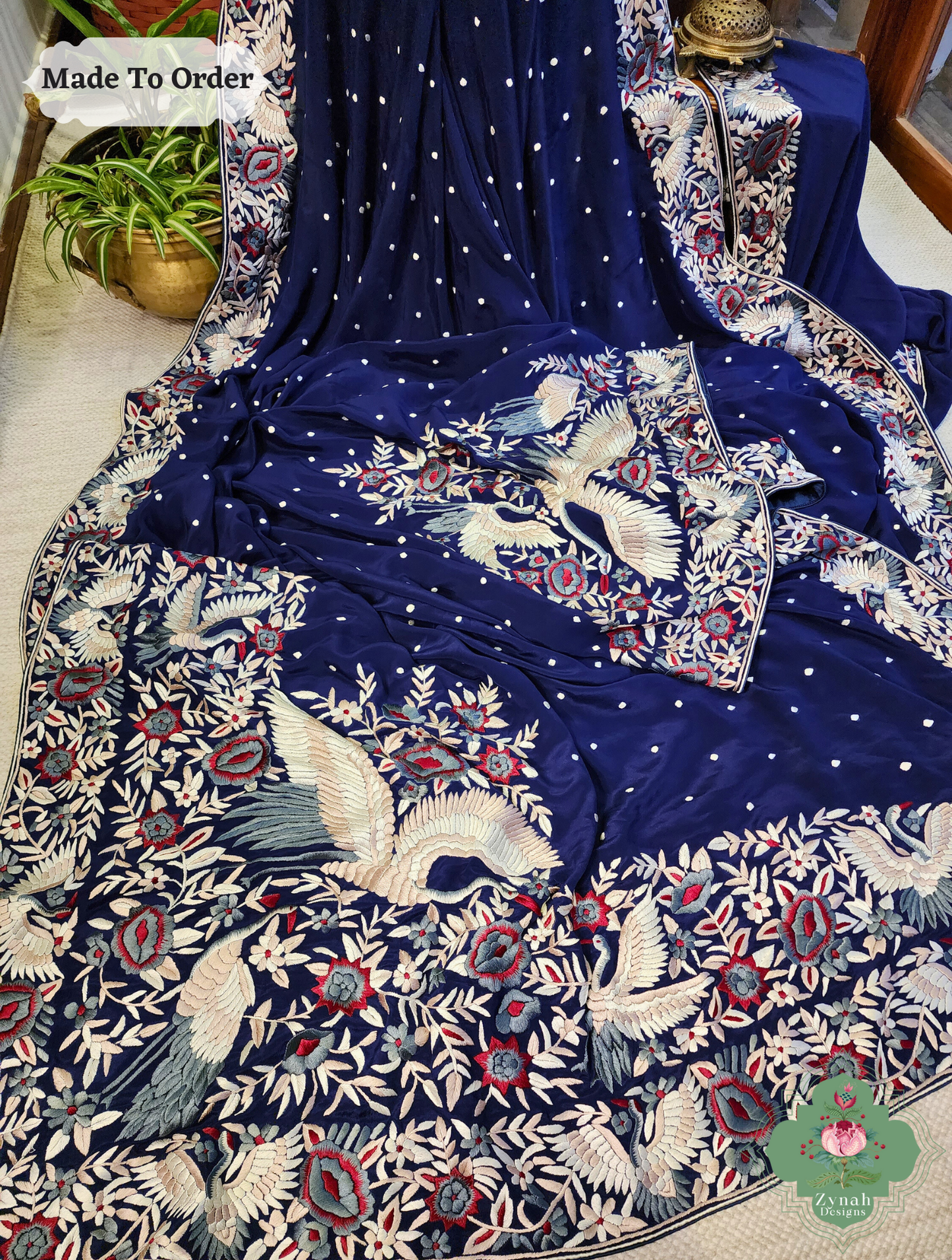 Navy Blue Crepe Silk Hand Embroidered Parsi Gara Saree 14