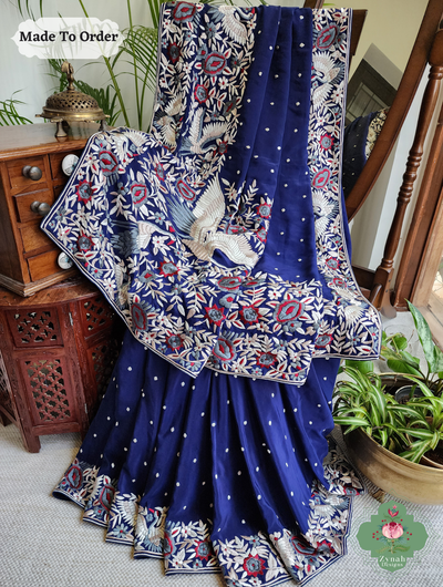 Navy Blue Crepe Silk Hand Embroidered Parsi Gara Saree 1