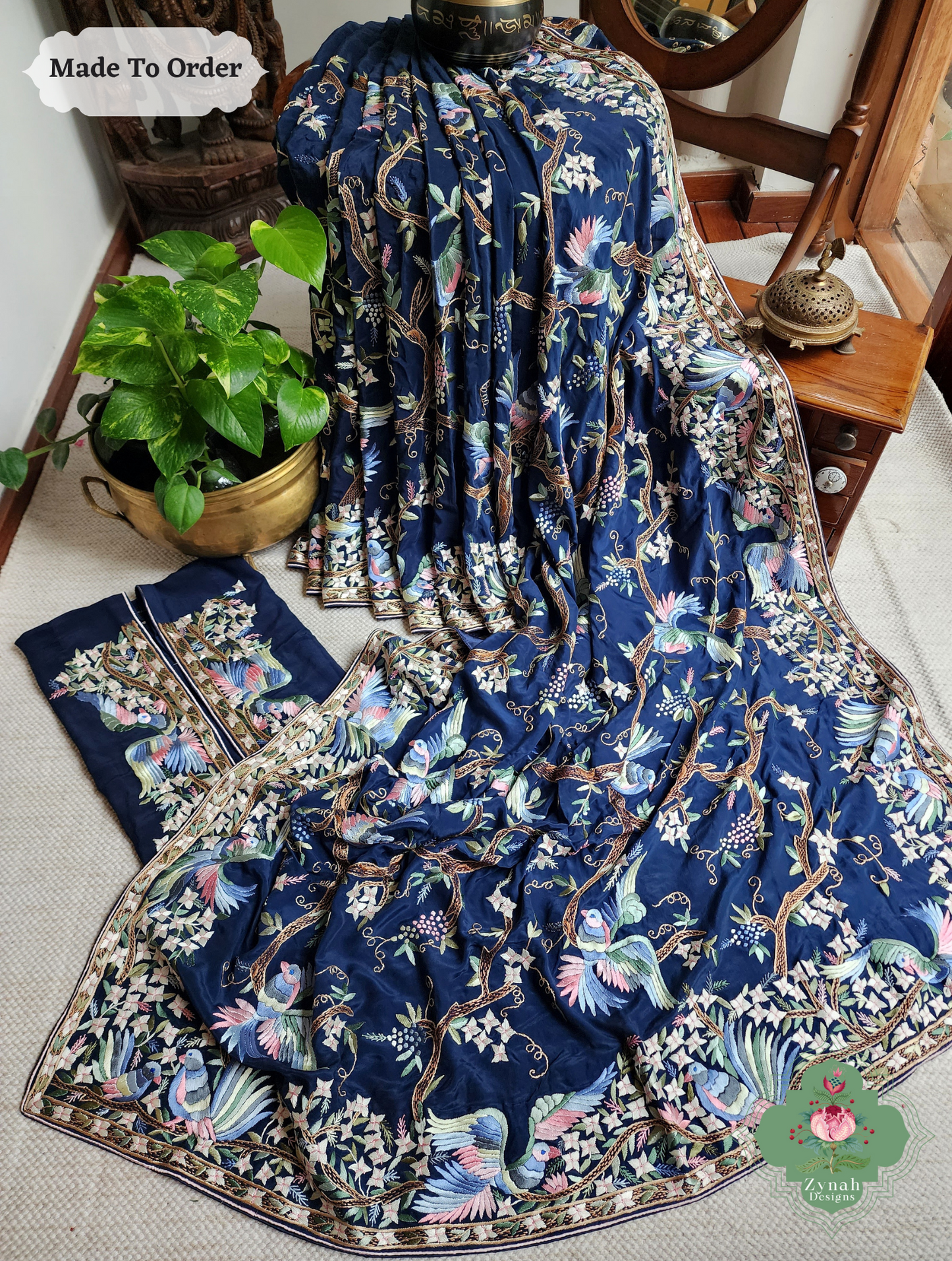 Zynah Made To Order Navy Blue Crepe Silk Hand Embroidered Authentic Parsi Gara Saree; Custom Stitched/Ready-made Blouse, Fall, Petticoat; SKU: 0905202503