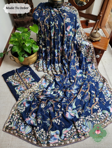 Zynah Made To Order Navy Blue Crepe Silk Hand Embroidered Authentic Parsi Gara Saree; Custom Stitched/Ready-made Blouse, Fall, Petticoat; SKU: 0905202503