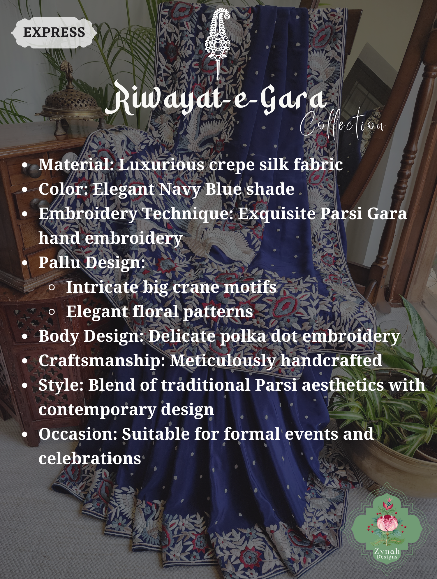 Navy Blue Crepe Silk Hand Embroidered Parsi Gara Saree 2