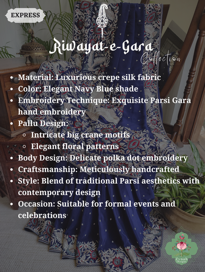 Navy Blue Crepe Silk Hand Embroidered Parsi Gara Saree 2