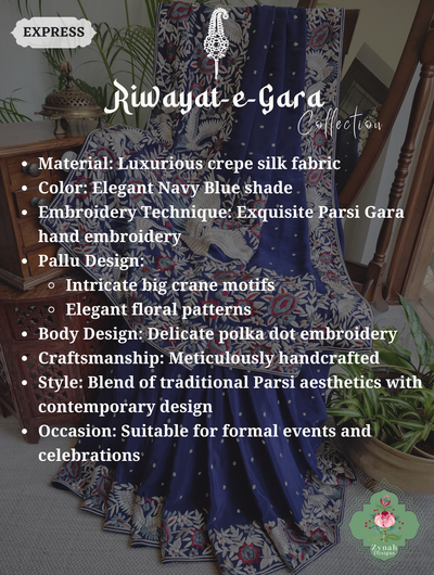 Navy Blue Crepe Silk Hand Embroidered Parsi Gara Saree 2