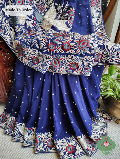 Navy Blue Crepe Silk Hand Embroidered Parsi Gara Saree 4