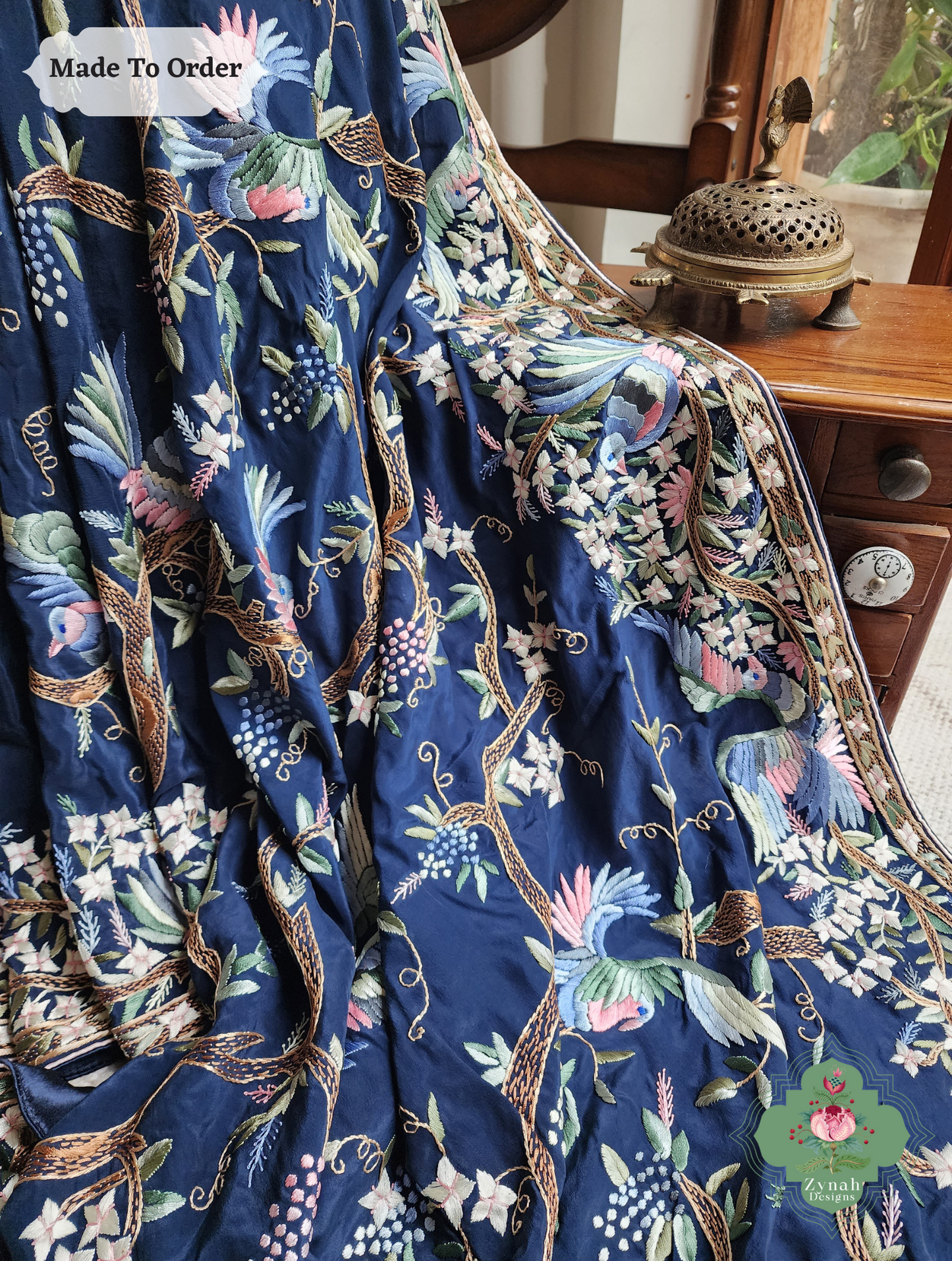 Zynah Made To Order Navy Blue Crepe Silk Hand Embroidered Authentic Parsi Gara Saree; Custom Stitched/Ready-made Blouse, Fall, Petticoat; SKU: 0905202503