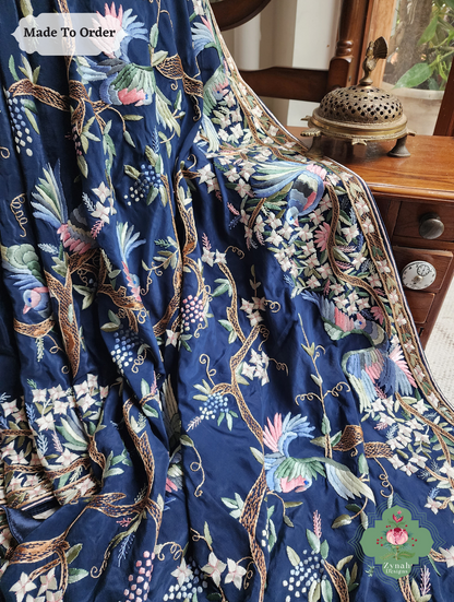 Zynah Made To Order Navy Blue Crepe Silk Hand Embroidered Authentic Parsi Gara Saree; Custom Stitched/Ready-made Blouse, Fall, Petticoat; SKU: 0905202503