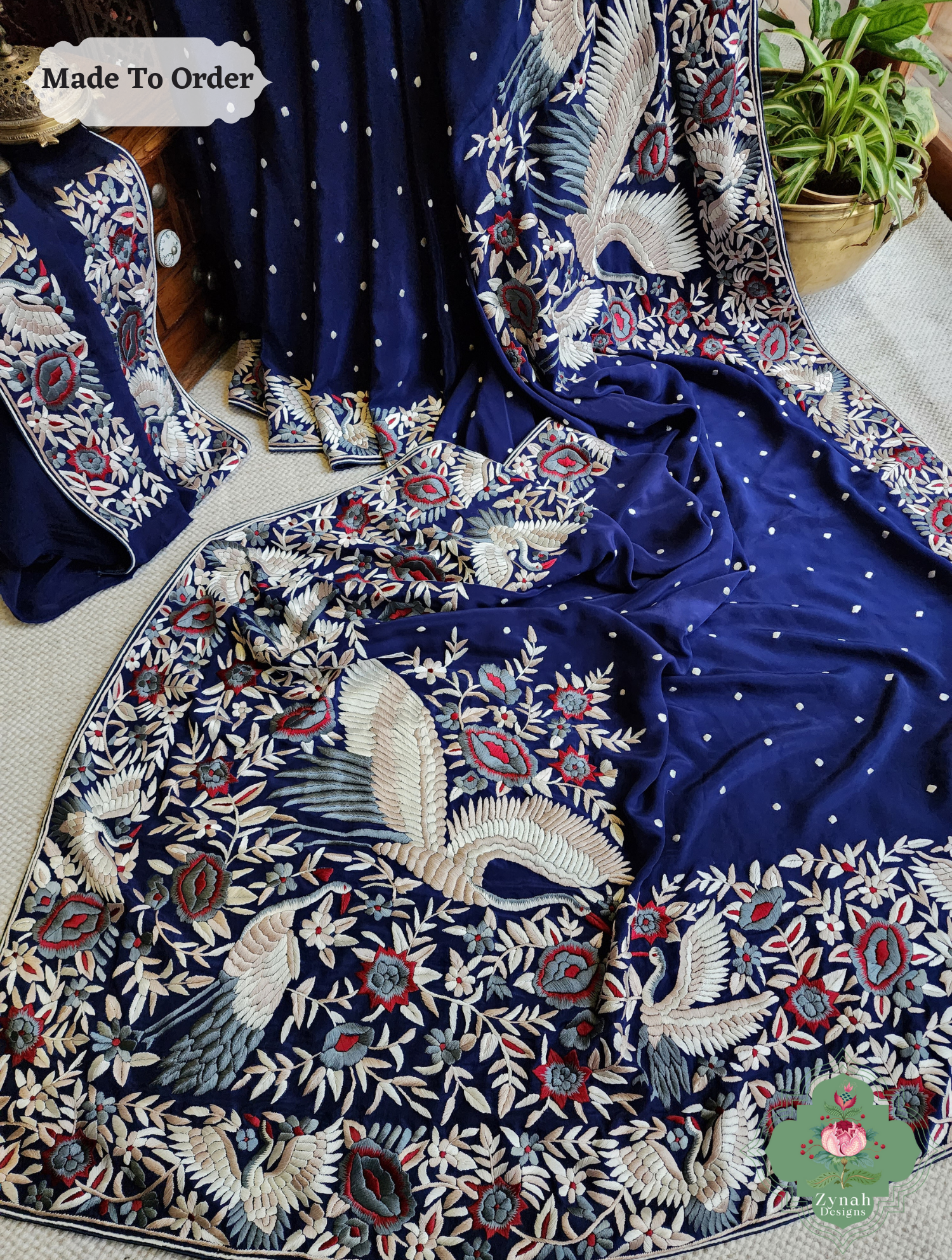 Navy Blue Crepe Silk Hand Embroidered Parsi Gara Saree 8