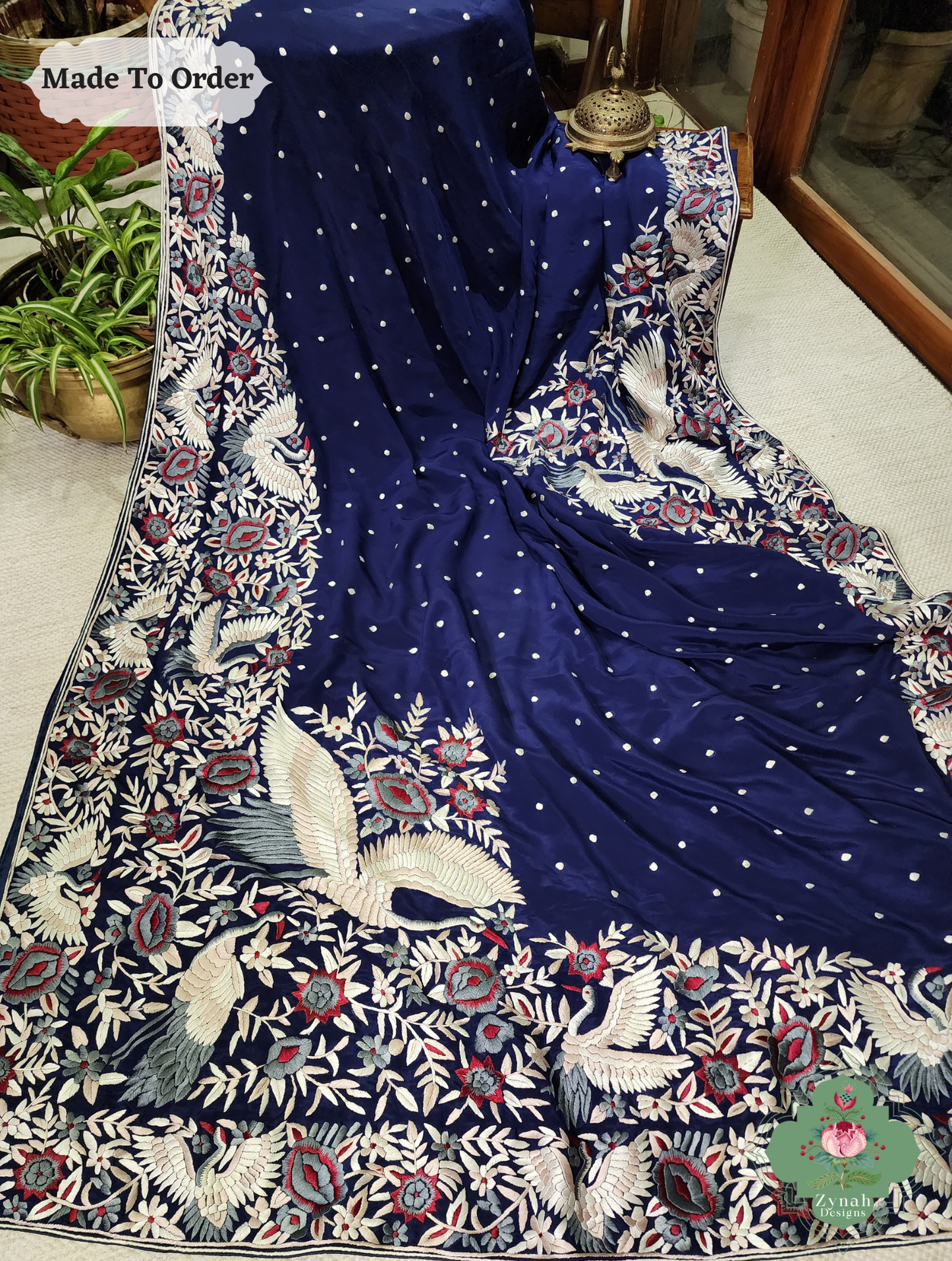 Navy Blue Crepe Silk Hand Embroidered Parsi Gara Saree 9