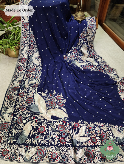 Navy Blue Crepe Silk Hand Embroidered Parsi Gara Saree 9