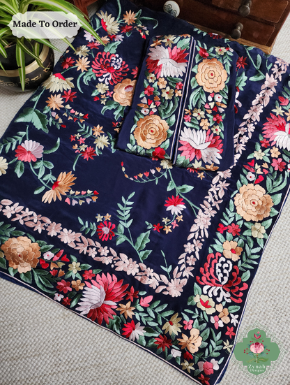 Navy Blue Crepe Silk Hand Embroidered Parsi Gara Saree 15