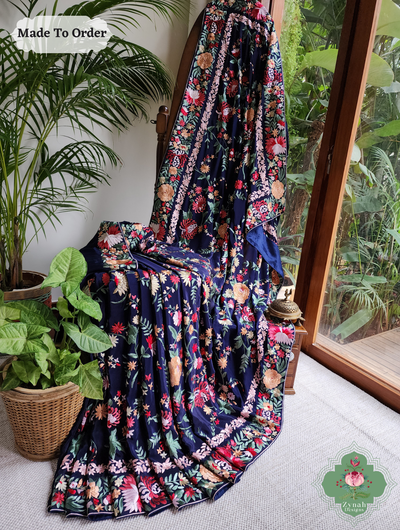 Navy Blue Crepe Silk Hand Embroidered Parsi Gara Saree 1