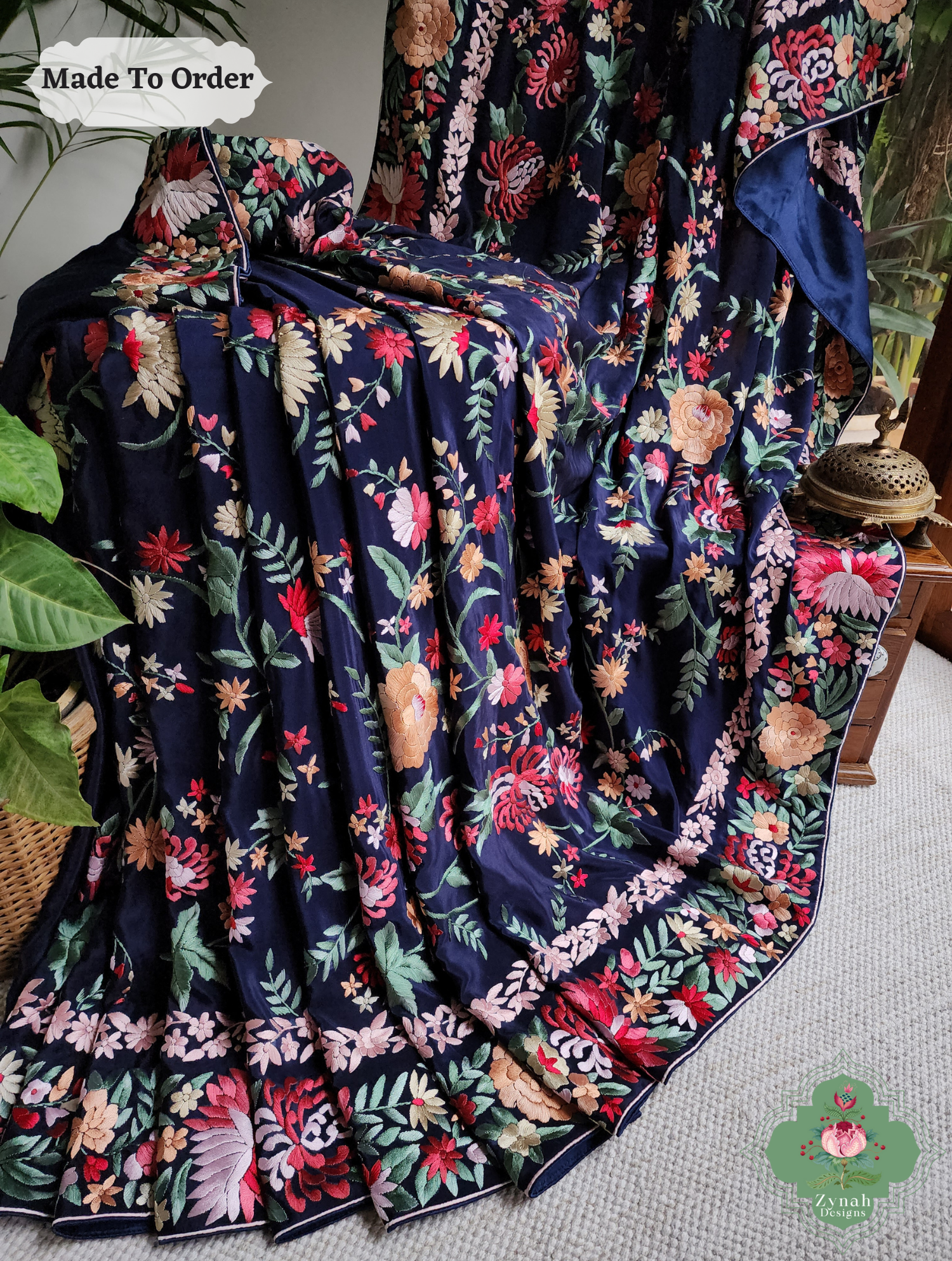 Navy Blue Crepe Silk Hand Embroidered Parsi Gara Saree 3