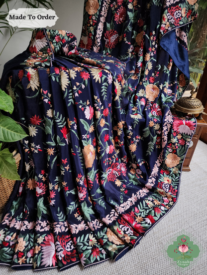 Navy Blue Crepe Silk Hand Embroidered Parsi Gara Saree 3