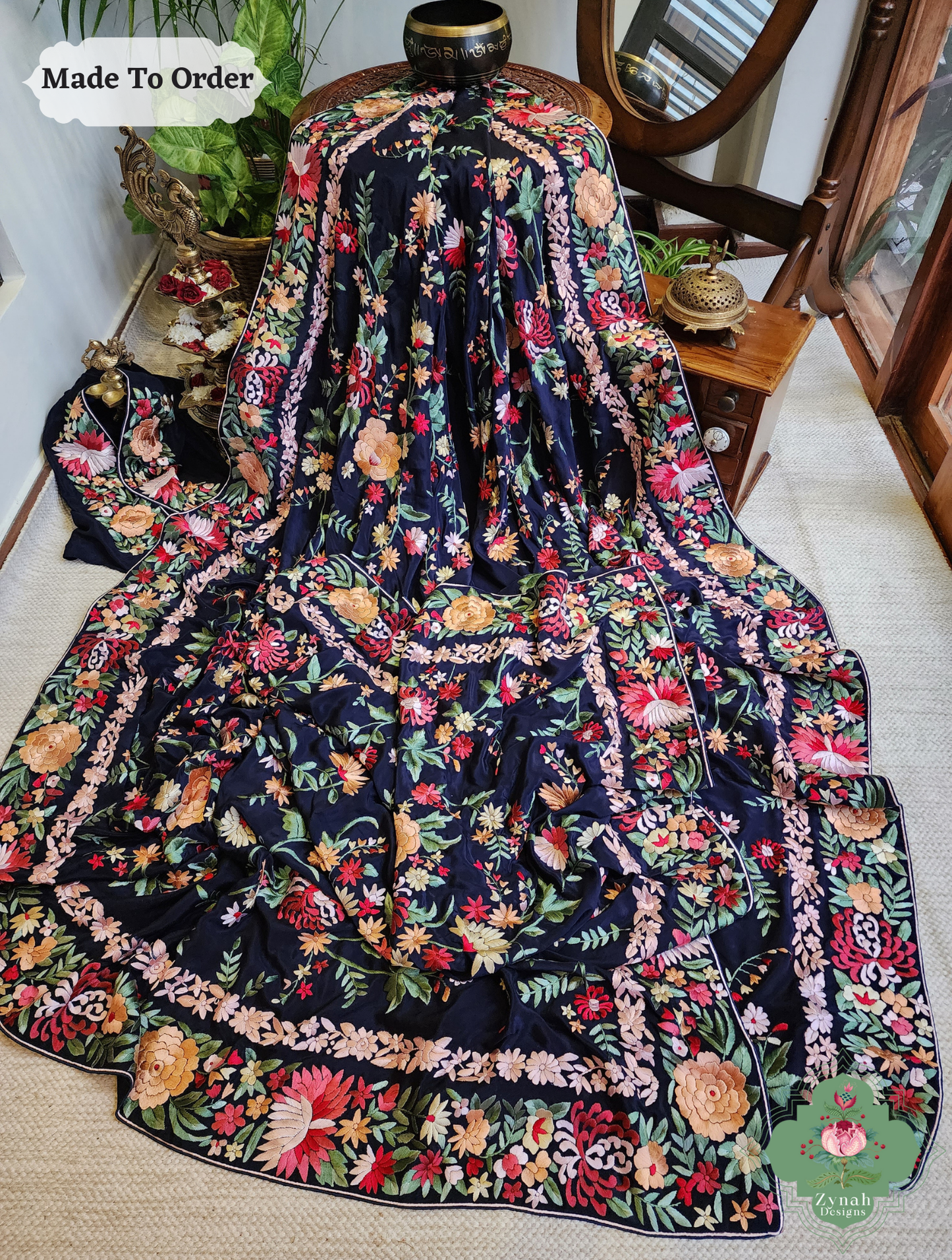 Navy Blue Crepe Silk Hand Embroidered Parsi Gara Saree 4