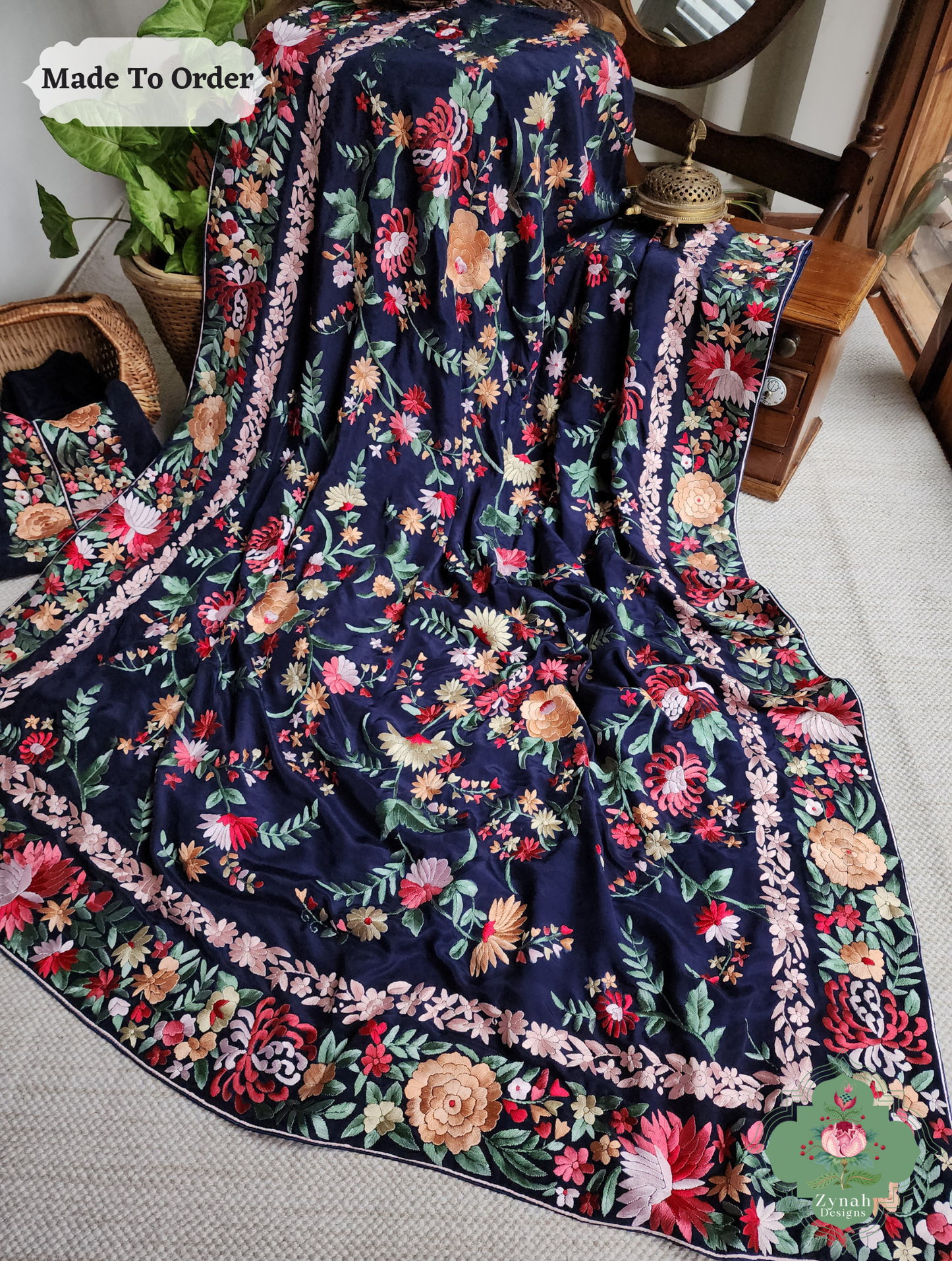 Navy Blue Crepe Silk Hand Embroidered Parsi Gara Saree 6