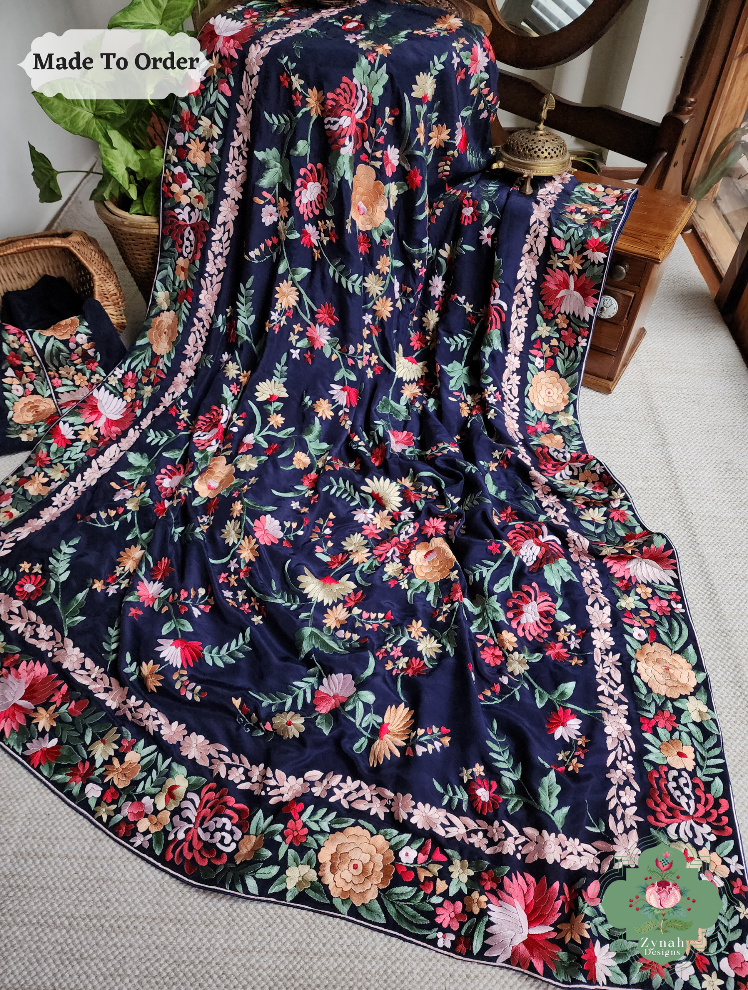 Navy Blue Crepe Silk Hand Embroidered Parsi Gara Saree 6