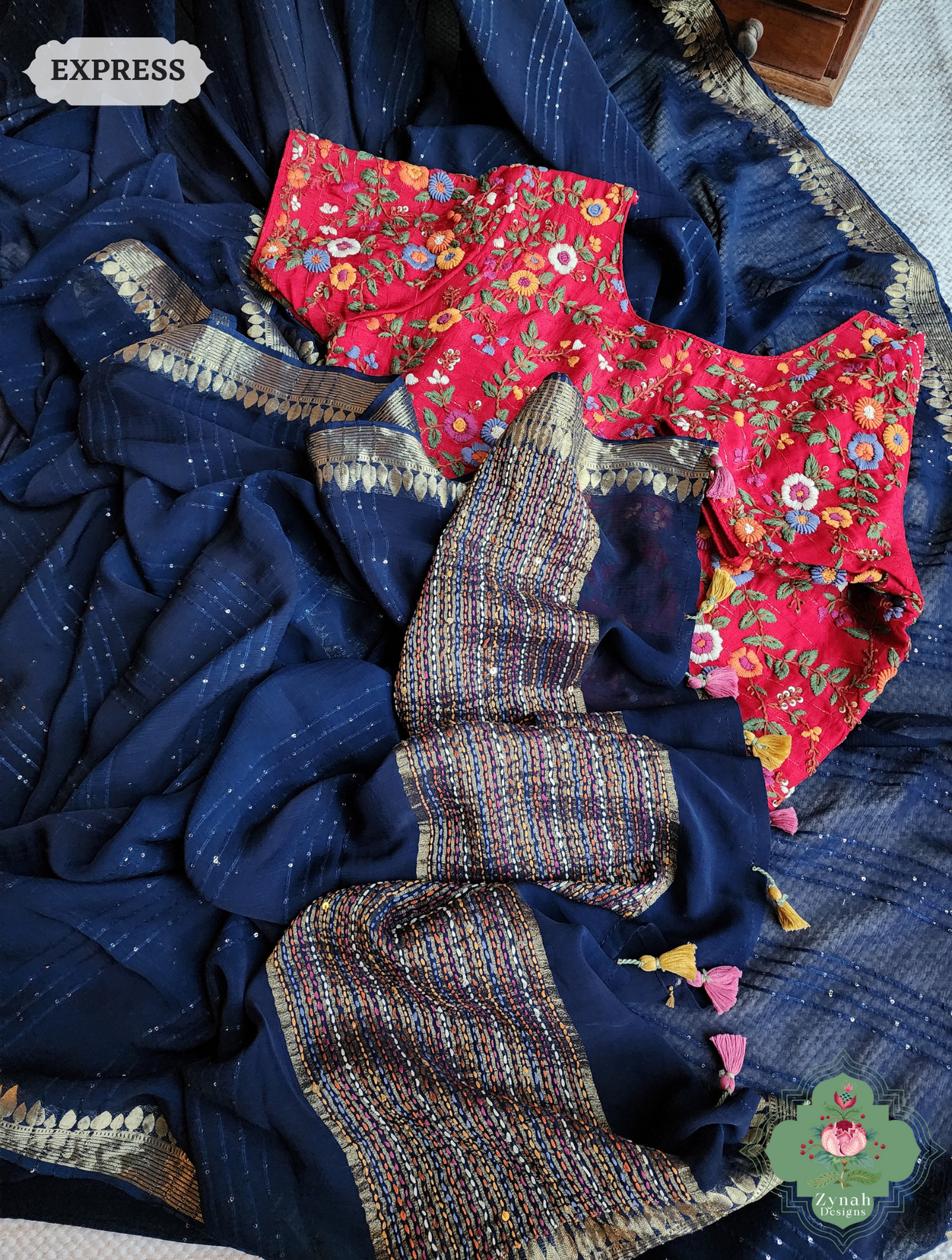 Navy Blue Crepe Silk Saree With Sequins Work 7