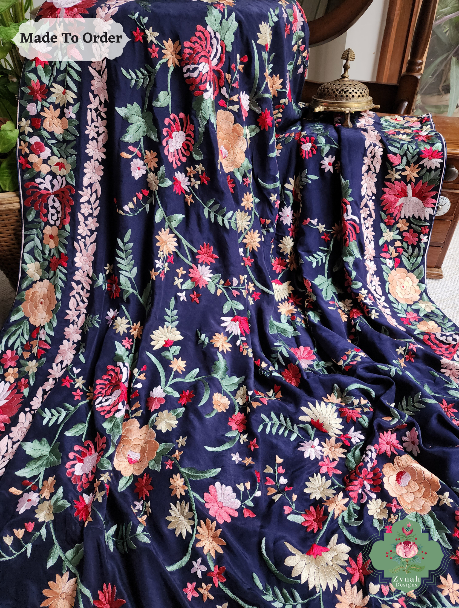 Navy Blue Crepe Silk Hand Embroidered Parsi Gara Saree 8