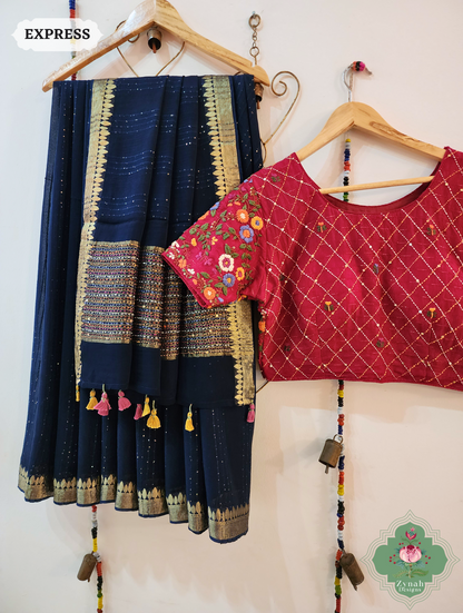 Navy Blue Crepe Silk Saree With Sequins Work 6