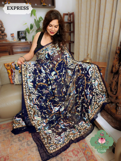 Elegant Navy Blue Pure Georgette Silk Parsi Gara Saree with All Over Jaal Parsi Embroidery.