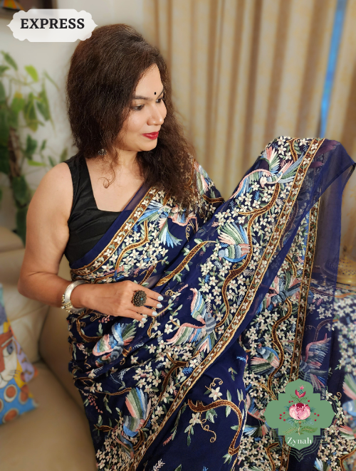 Zynah Made To Order Navy Blue Pure Georgette Silk Parsi Gara Saree With All Over Jaal Parsi Embroidery; Custom Stitched/Ready-made Blouse, Fall, Petticoat; SKU: 2505202301