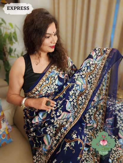 Zynah Made To Order Navy Blue Pure Georgette Silk Parsi Gara Saree With All Over Jaal Parsi Embroidery; Custom Stitched/Ready-made Blouse, Fall, Petticoat; SKU: 2505202301