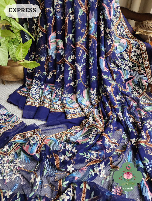 Zynah Made To Order Navy Blue Pure Georgette Silk Parsi Gara Saree With All Over Jaal Parsi Embroidery; Custom Stitched/Ready-made Blouse, Fall, Petticoat; SKU: 2505202301