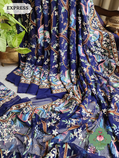 Zynah Made To Order Navy Blue Pure Georgette Silk Parsi Gara Saree With All Over Jaal Parsi Embroidery; Custom Stitched/Ready-made Blouse, Fall, Petticoat; SKU: 2505202301