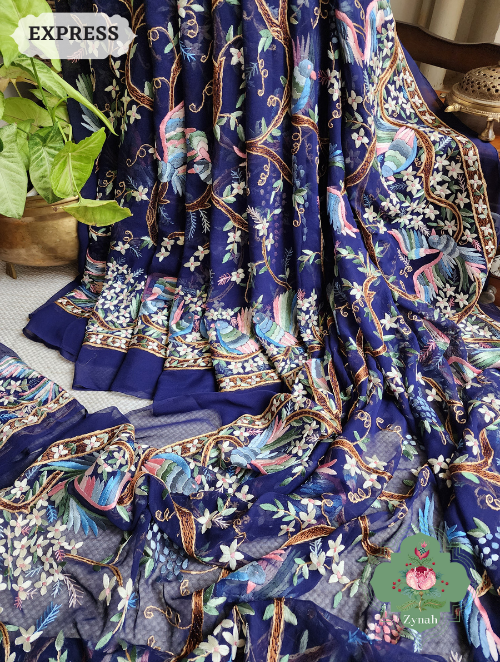 Zynah Navy Blue Pure Georgette Silk Parsi Gara Saree With All Over Jaal Parsi Embroidery; Custom Stitched/Ready-made Blouse, Fall, Petticoat; SKU: 2505202301