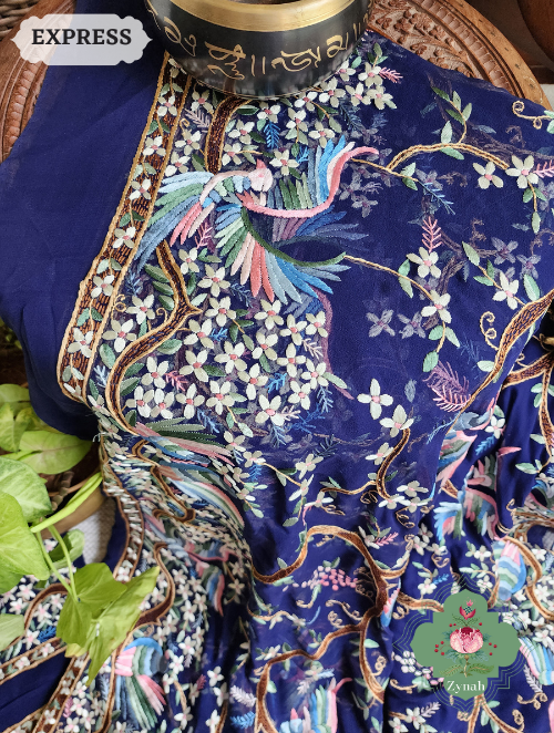 Zynah Made To Order Navy Blue Pure Georgette Silk Parsi Gara Saree With All Over Jaal Parsi Embroidery; Custom Stitched/Ready-made Blouse, Fall, Petticoat; SKU: 2505202301