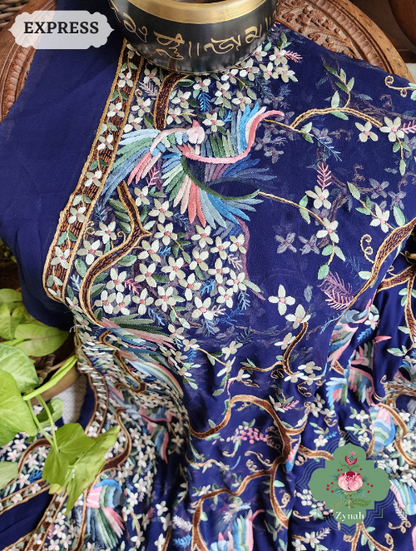 Zynah Made To Order Navy Blue Pure Georgette Silk Parsi Gara Saree With All Over Jaal Parsi Embroidery; Custom Stitched/Ready-made Blouse, Fall, Petticoat; SKU: 2505202301