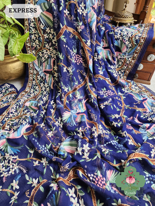 Zynah Made To Order Navy Blue Pure Georgette Silk Parsi Gara Saree With All Over Jaal Parsi Embroidery; Custom Stitched/Ready-made Blouse, Fall, Petticoat; SKU: 2505202301