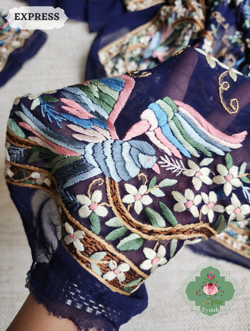 Zynah Made To Order Navy Blue Pure Georgette Silk Parsi Gara Saree With All Over Jaal Parsi Embroidery; Custom Stitched/Ready-made Blouse, Fall, Petticoat; SKU: 2505202301