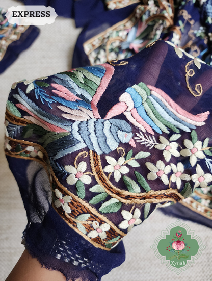 Zynah Made To Order Navy Blue Pure Georgette Silk Parsi Gara Saree With All Over Jaal Parsi Embroidery; Custom Stitched/Ready-made Blouse, Fall, Petticoat; SKU: 2505202301