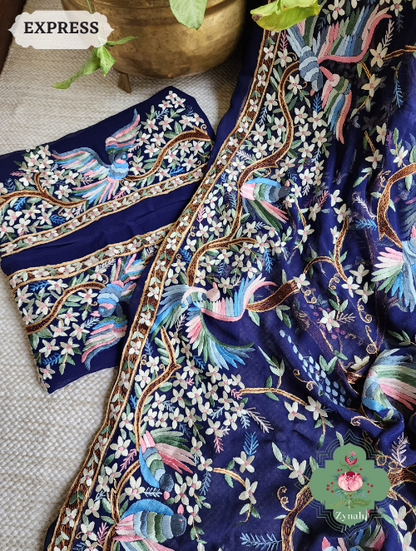 Zynah Made To Order Navy Blue Pure Georgette Silk Parsi Gara Saree With All Over Jaal Parsi Embroidery; Custom Stitched/Ready-made Blouse, Fall, Petticoat; SKU: 2505202301