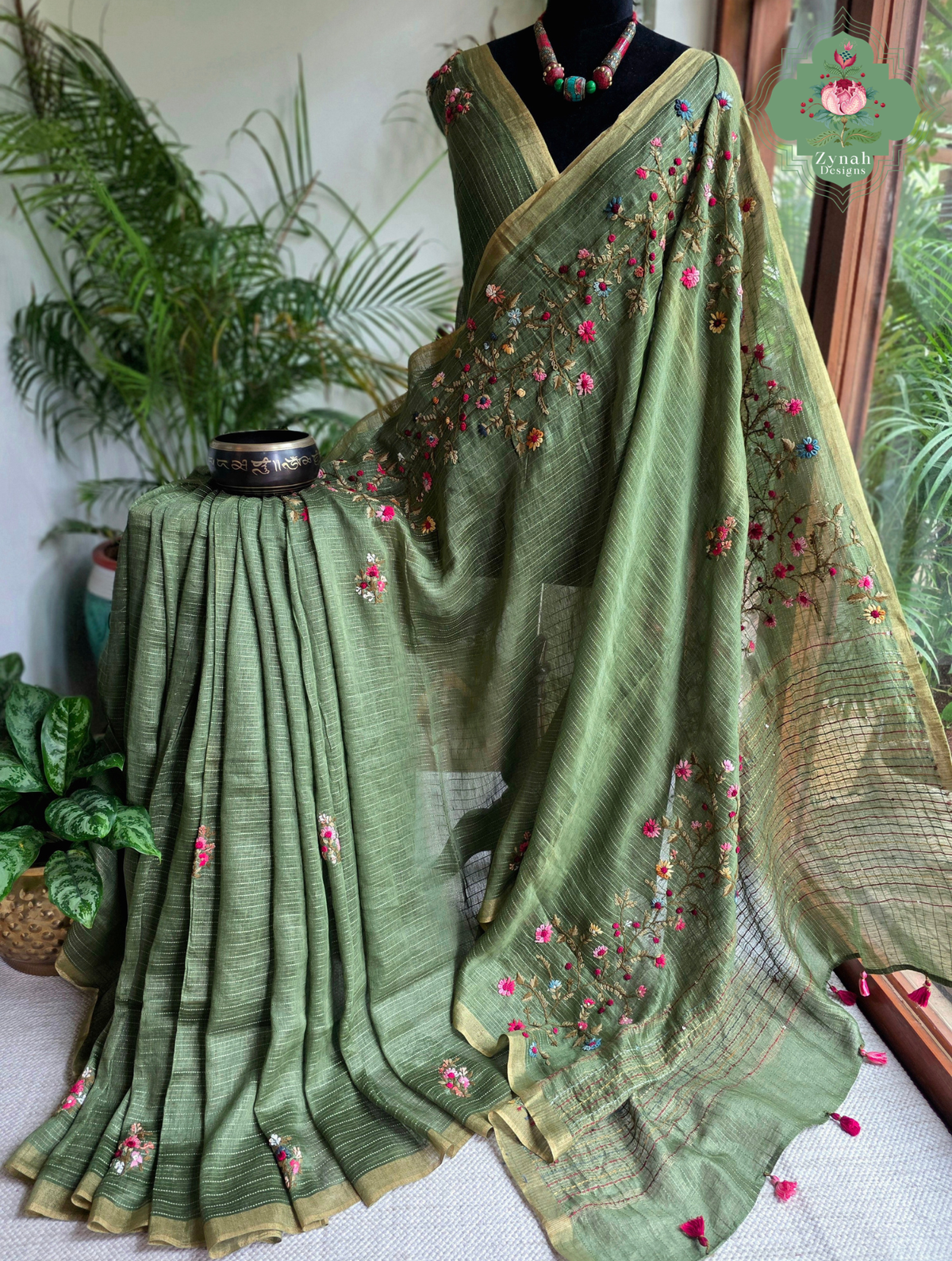 Niharika | Moss Green Pure Silk Linen Saree With Hand Embroidery