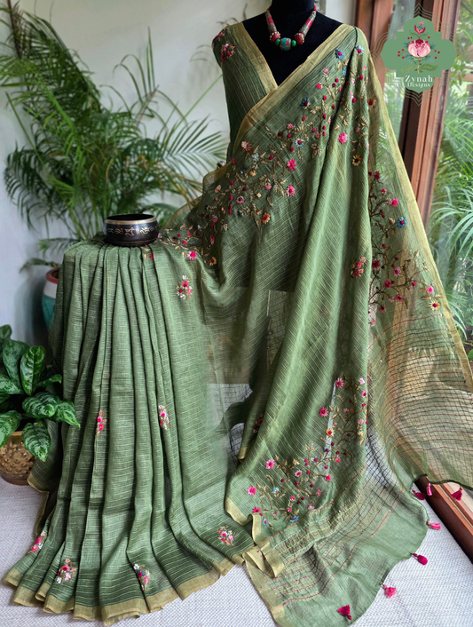 Niharika | Moss Green Pure Silk Linen Saree With Hand Embroidery