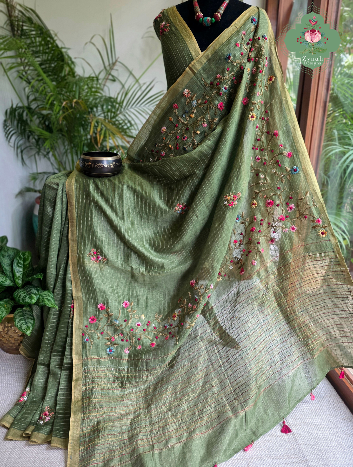 Niharika | Moss Green Pure Silk Linen Saree With Hand Embroidery