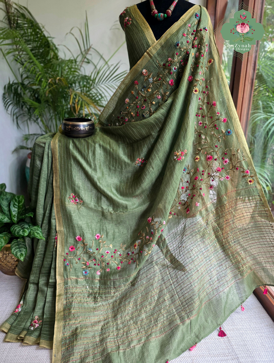 Niharika | Moss Green Pure Silk Linen Saree With Hand Embroidery