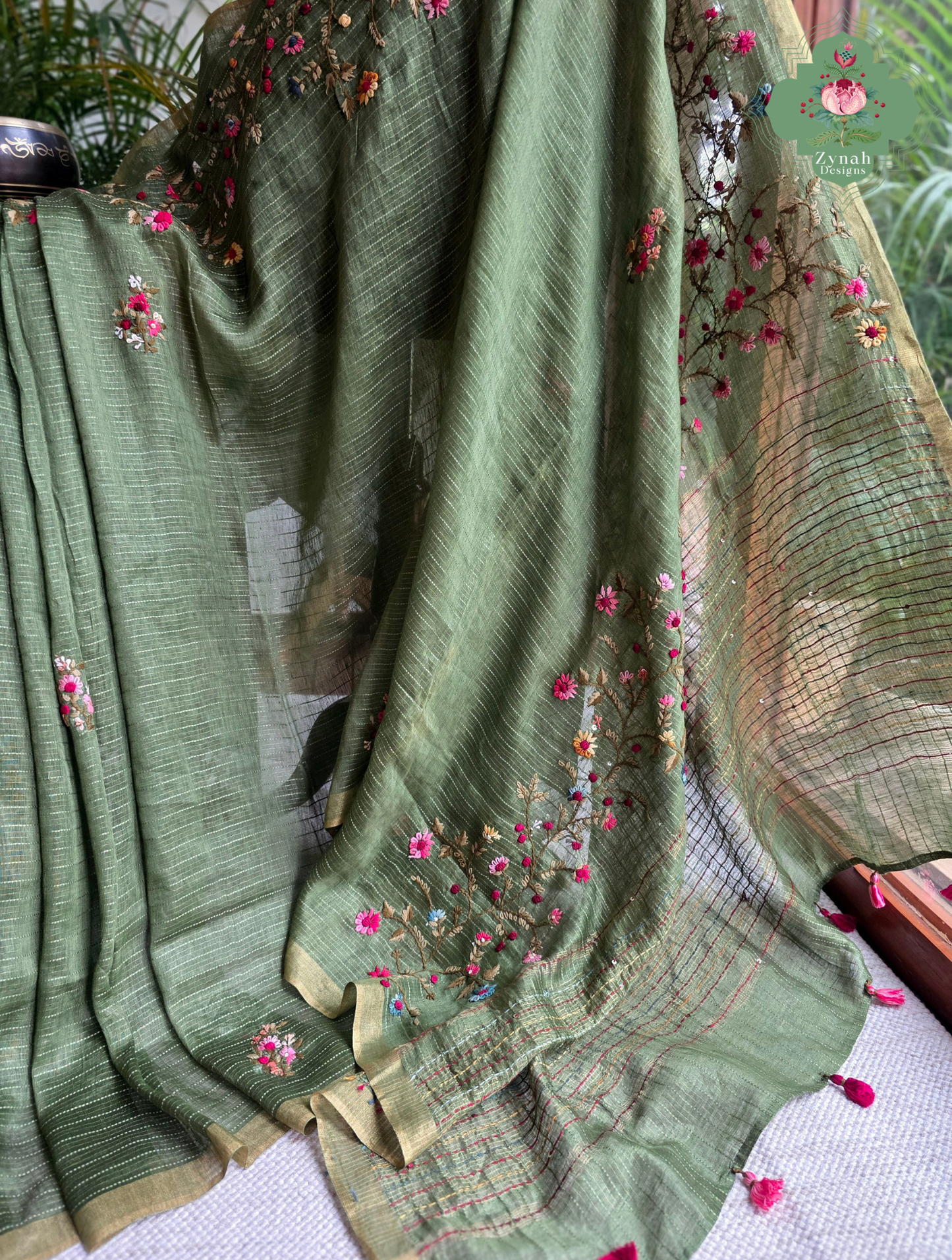 Niharika | Moss Green Pure Silk Linen Saree With Hand Embroidery