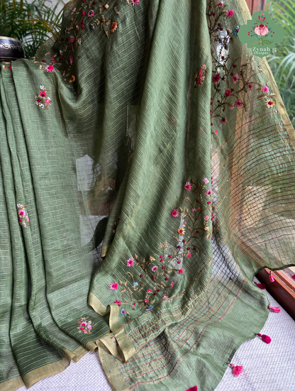 Niharika | Moss Green Pure Silk Linen Saree With Hand Embroidery
